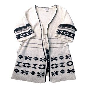 Rachel Zoe Open Front Cardigan Sweater White Aztec Tribal Print Midi Knit Sz 1X